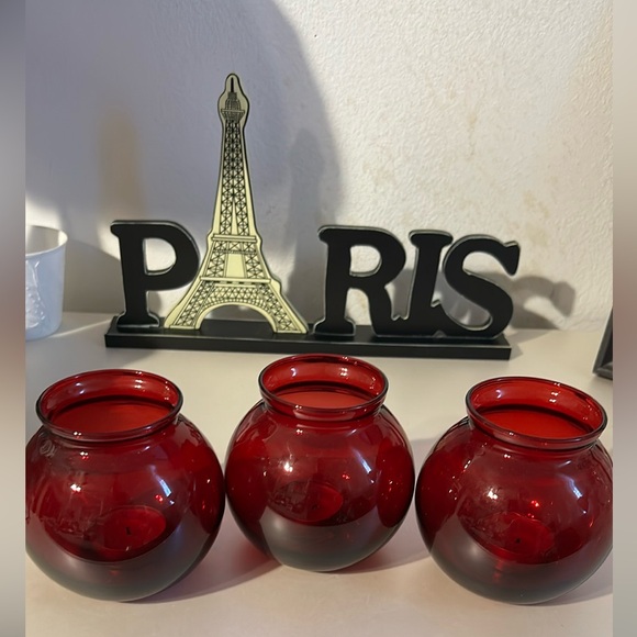 Three (3) ruby red votive/vases. 4.25”H - Picture 6 of 8